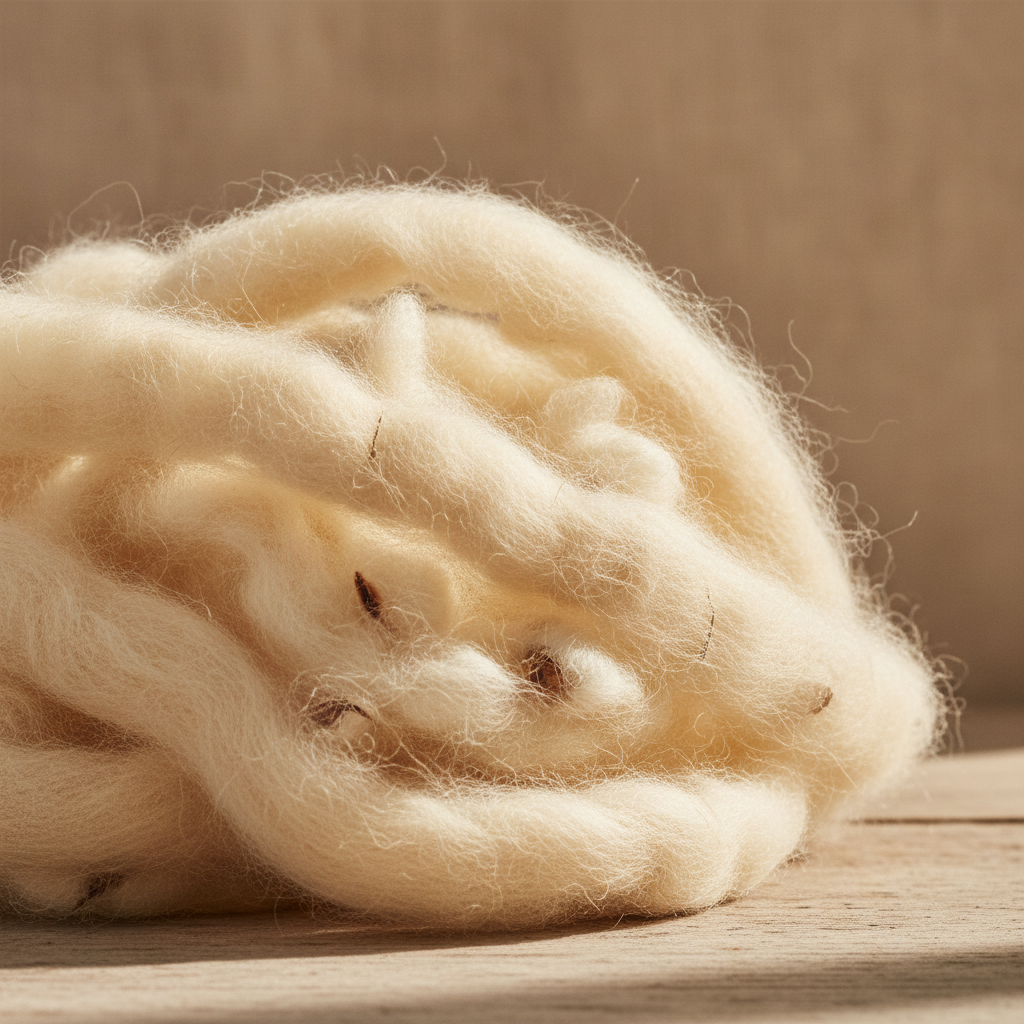 Close-up of organic wool and kapok fibers used in natural material pillows for allergies