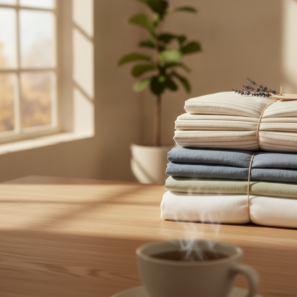 Stack of certified organic cotton and linen sheets from sustainable luxury bedding brands