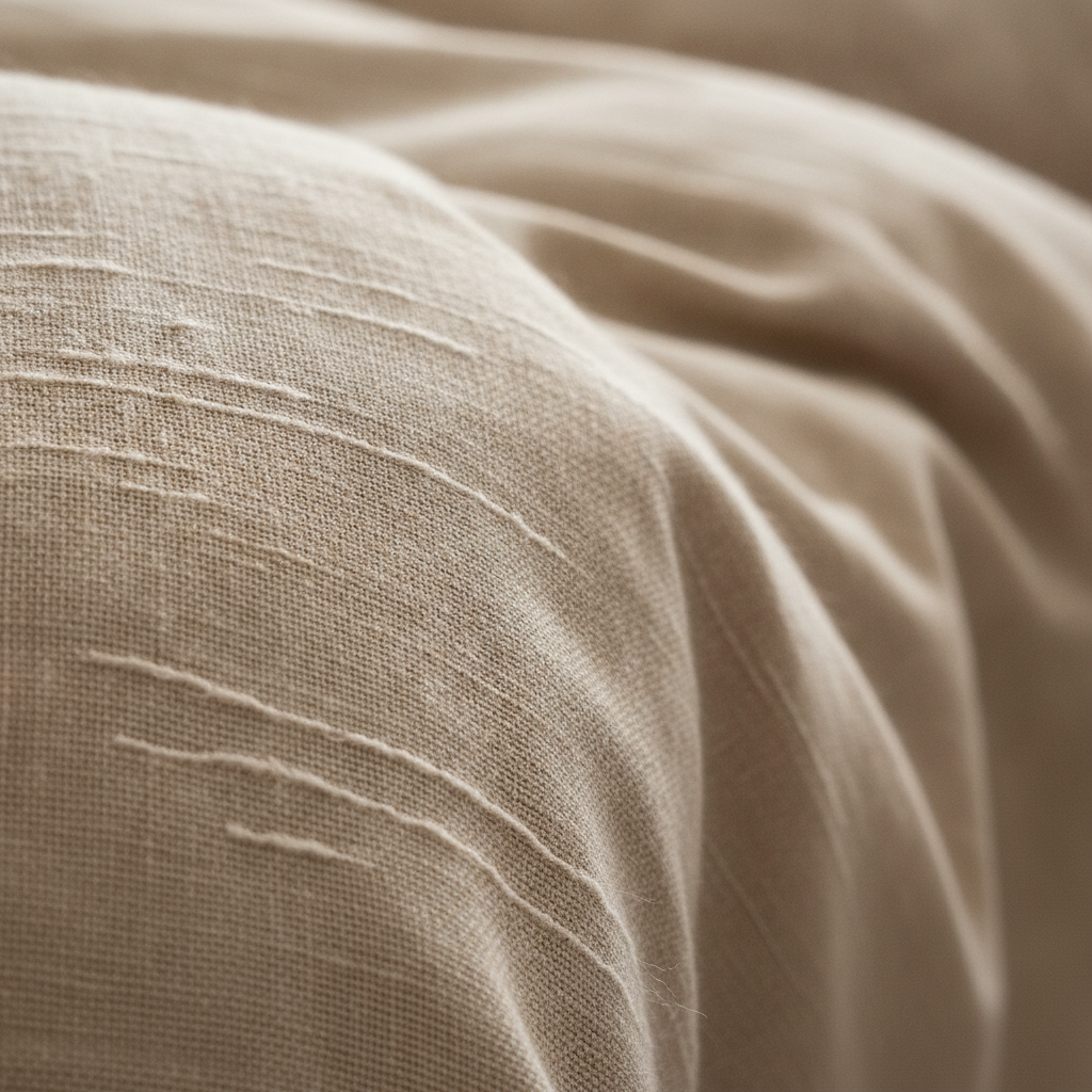Close-up of natural cotton and linen bedding fibers showing what makes bedding luxury