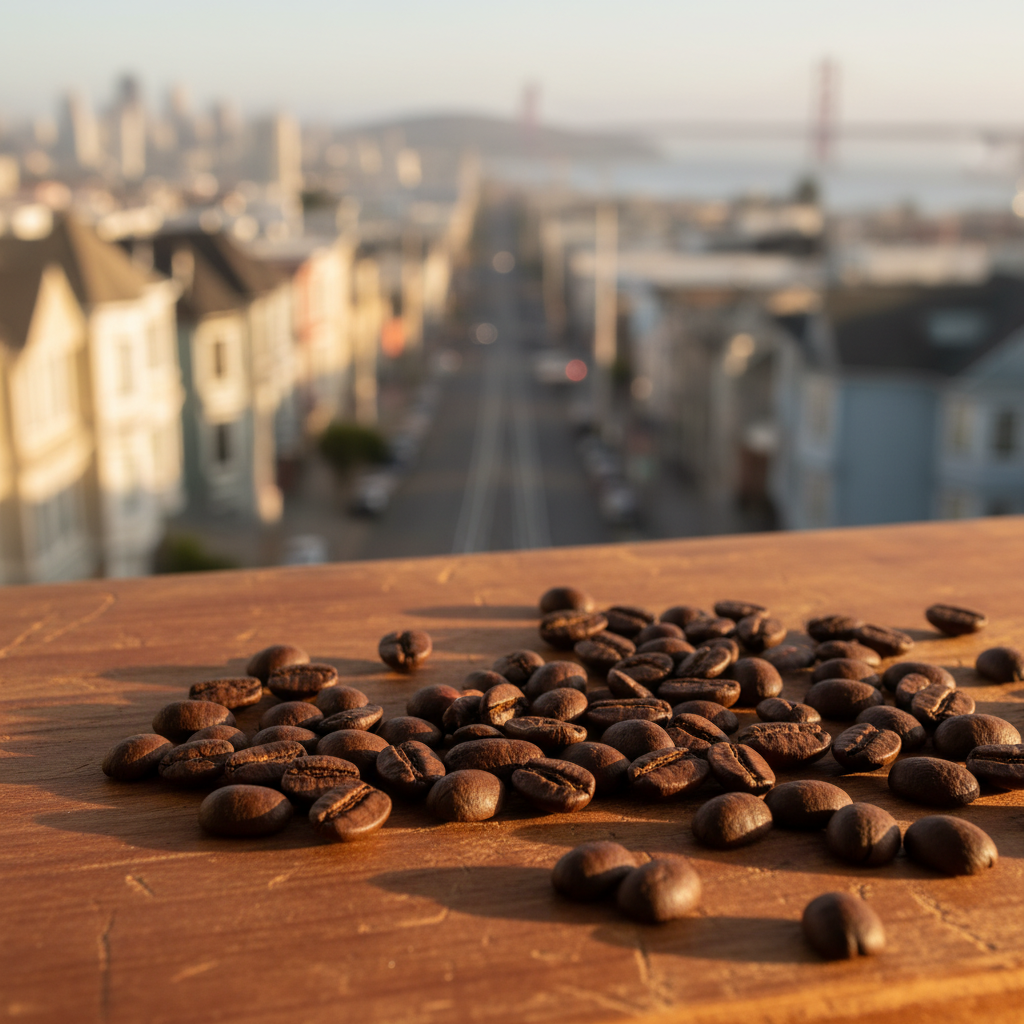 Close-up of freshly roasted single-origin coffee beans on a wooden surface in San Francisco