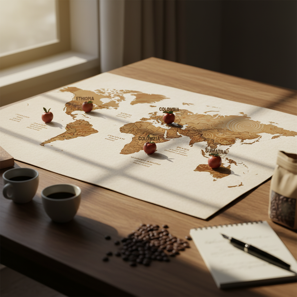 Coffee growing regions world map showing Ethiopia Kenya Colombia Brazil Sumatra flavor profiles
