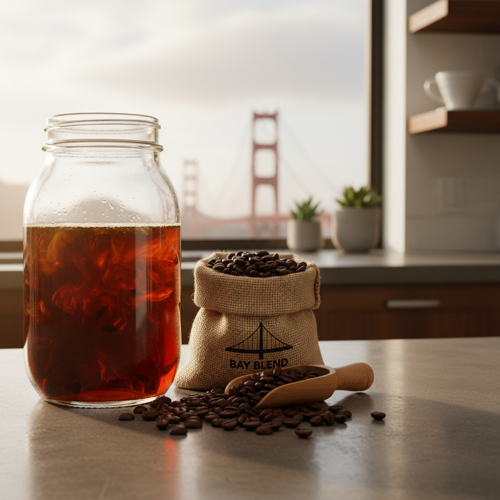 Cold brew coffee being steeped in a mason jar on a San Francisco kitchen counter with locally roasted beans nearby