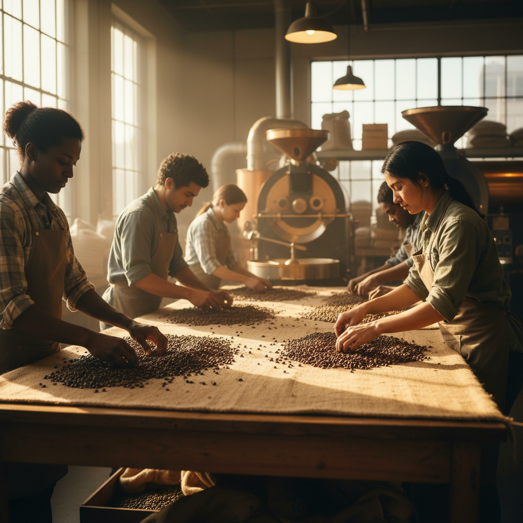 Organic coffee beans being hand-sorted at a San Francisco roastery with natural light