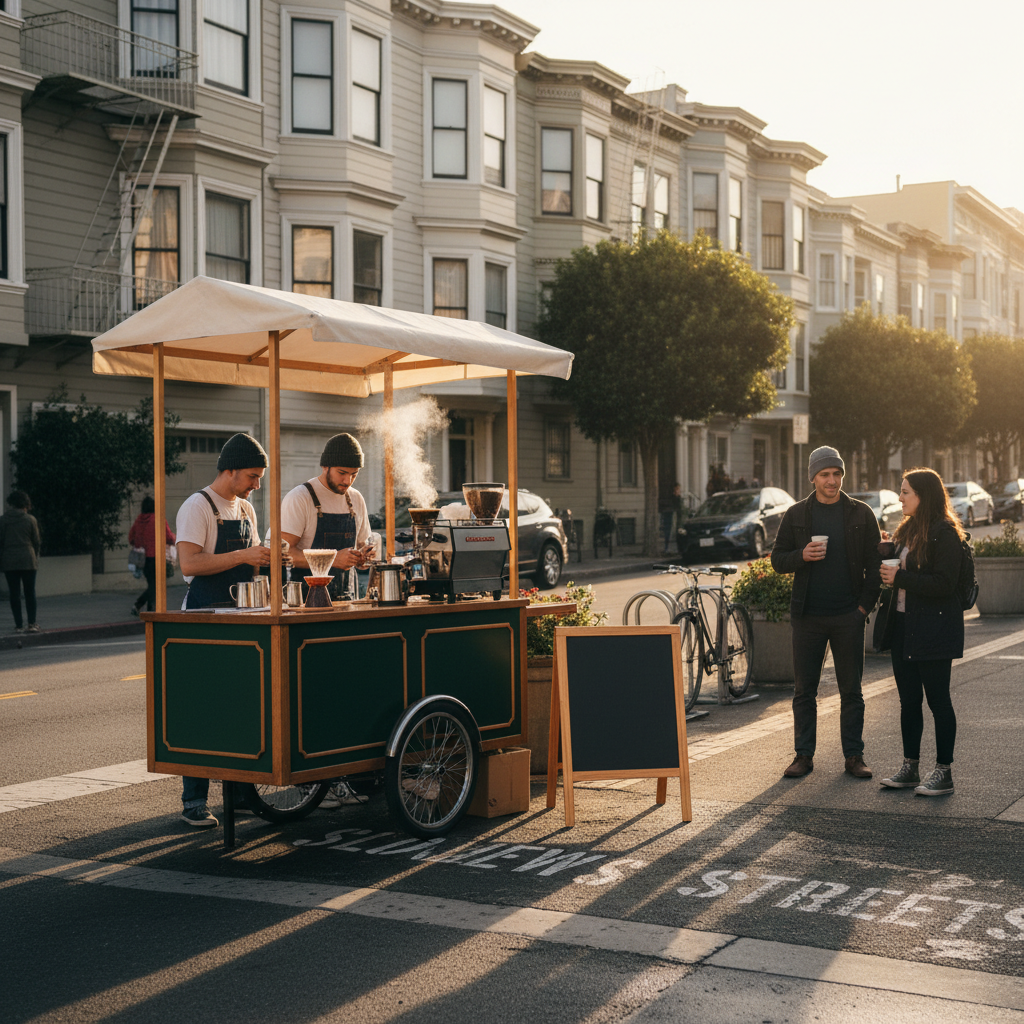 Slow Street Coffee pop-up cart on Golden Gate Avenue in San Francisco's NoPa neighborhood with families gathering