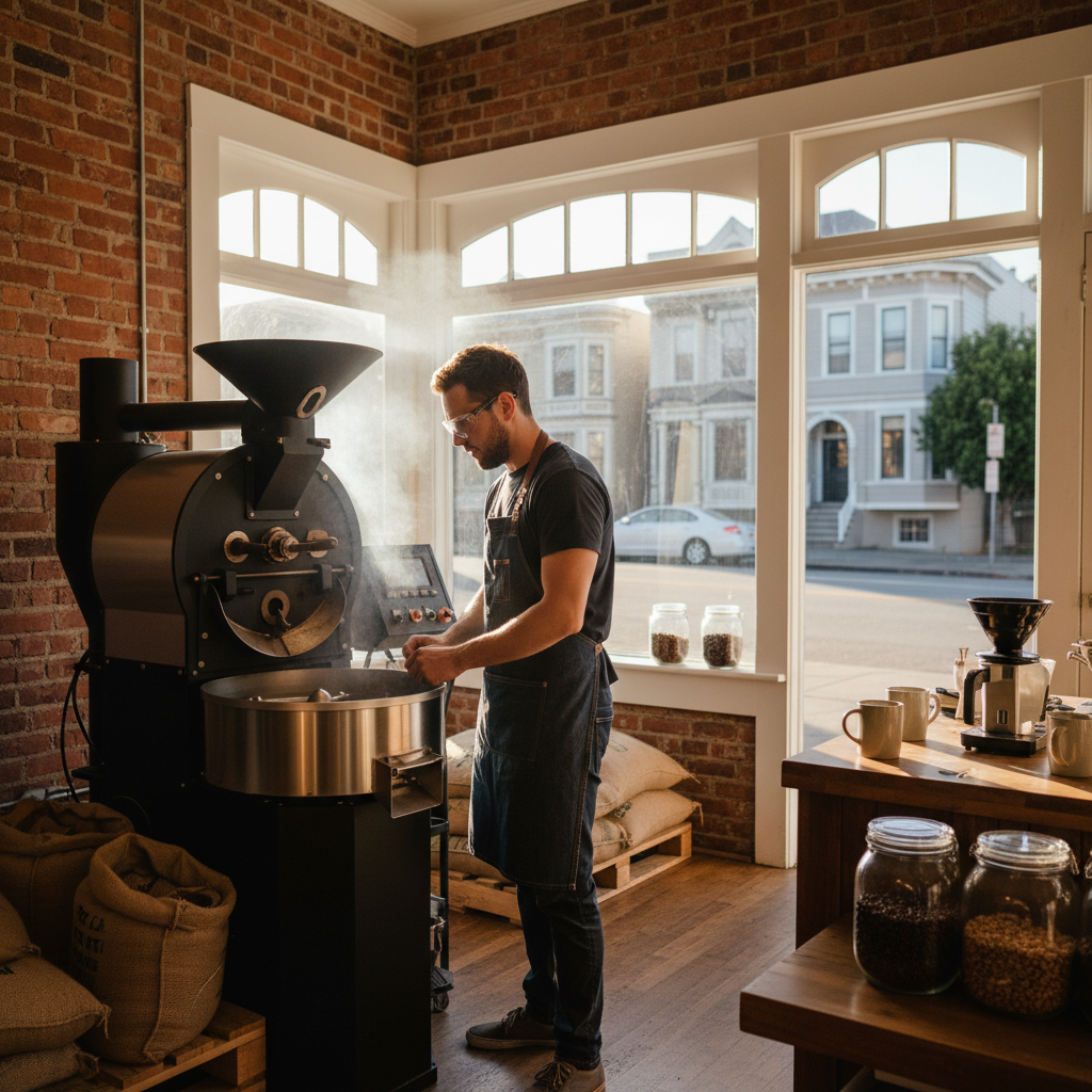 Slow Street Coffee roaster at work in San Francisco neighborhood micro-roastery