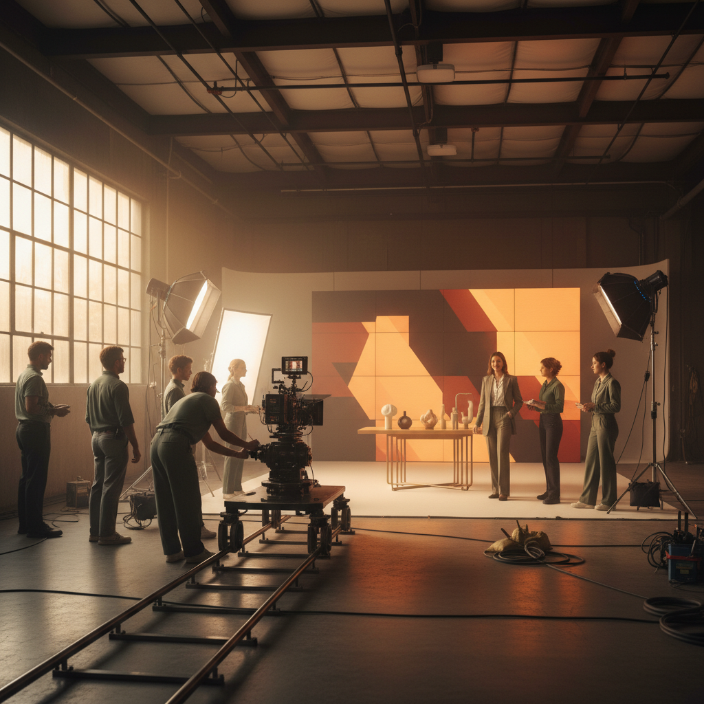 Cinematic video production crew filming a brand commercial in a Canadian studio setting