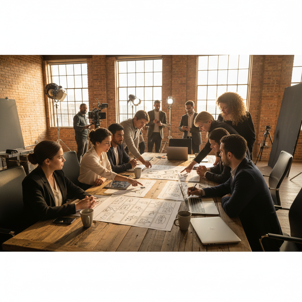 Canadian brand team and film production crew in strategy meeting reviewing storyboards