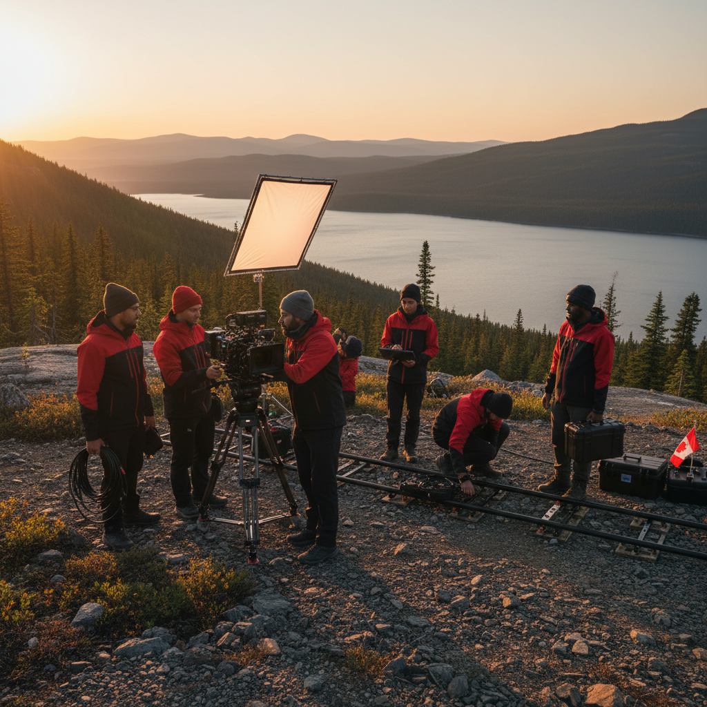 Canadian brand film production team setting up cinematic camera equipment on location