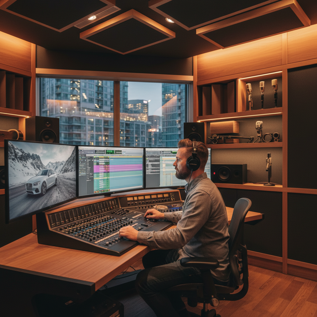Sound designer working on a commercial video mix in a professional Canadian post-production studio