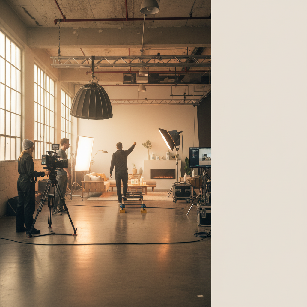 Film crew on a commercial brand shoot in a Canadian production studio with cinema cameras and professional lighting
