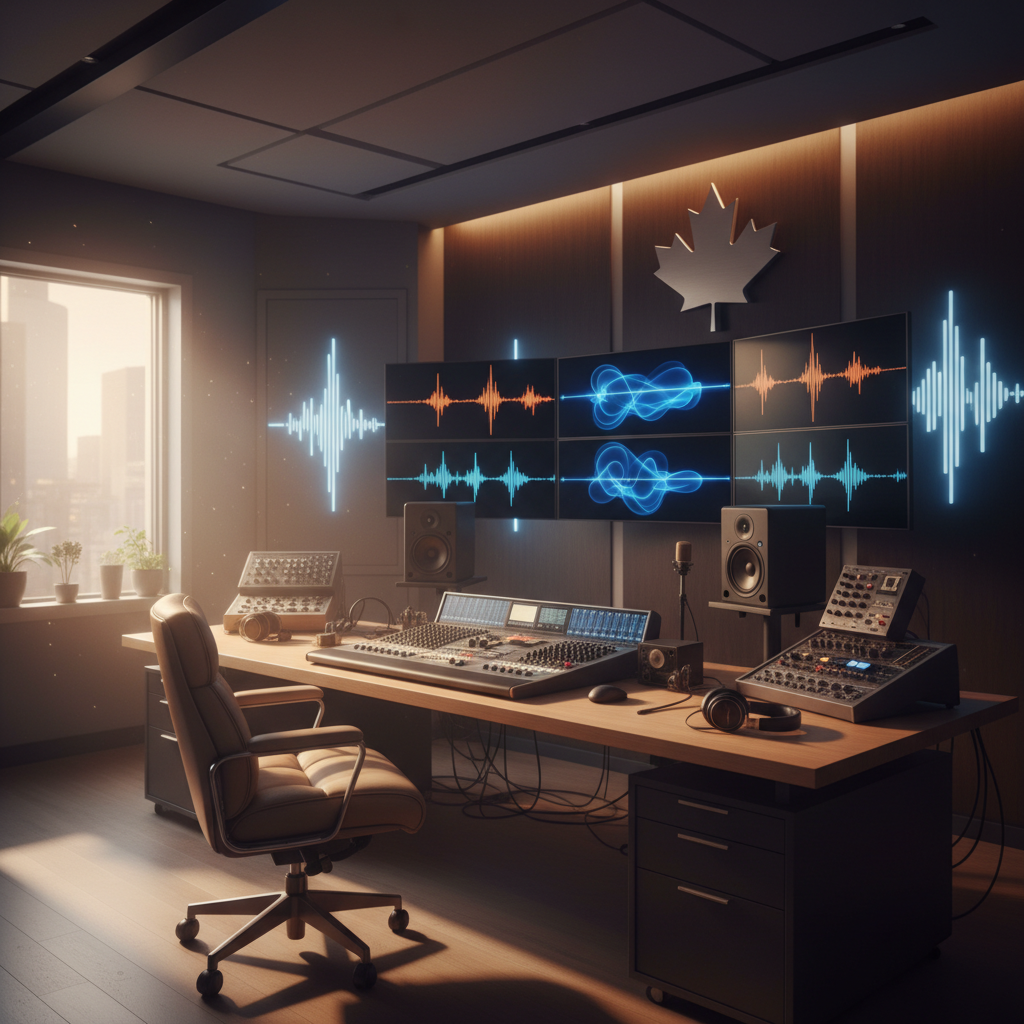 Sound design studio showing audio waveforms and brand identity elements for Canadian brand video production
