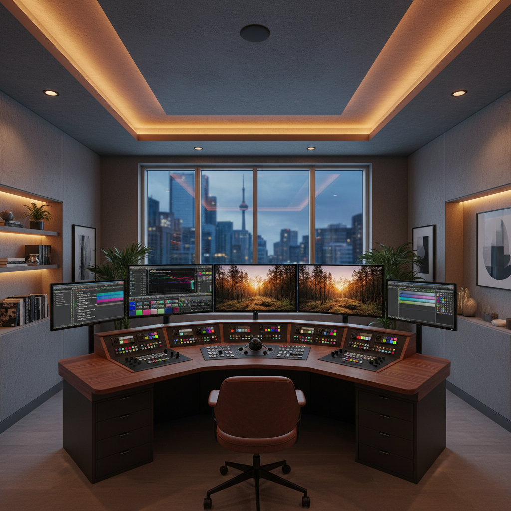 Canadian commercial post production studio editing suite with color grading monitors