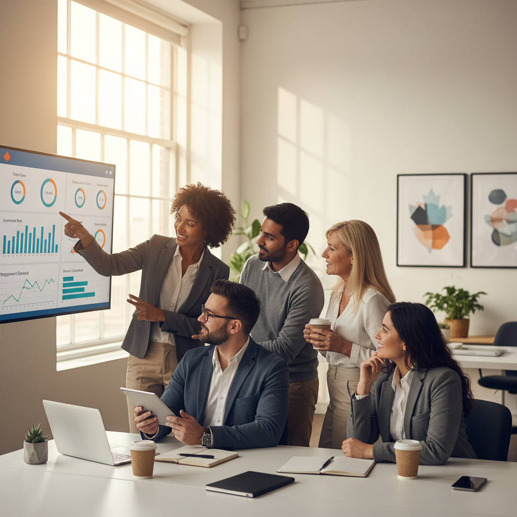 Canadian marketing team reviewing corporate video ROI analytics dashboard