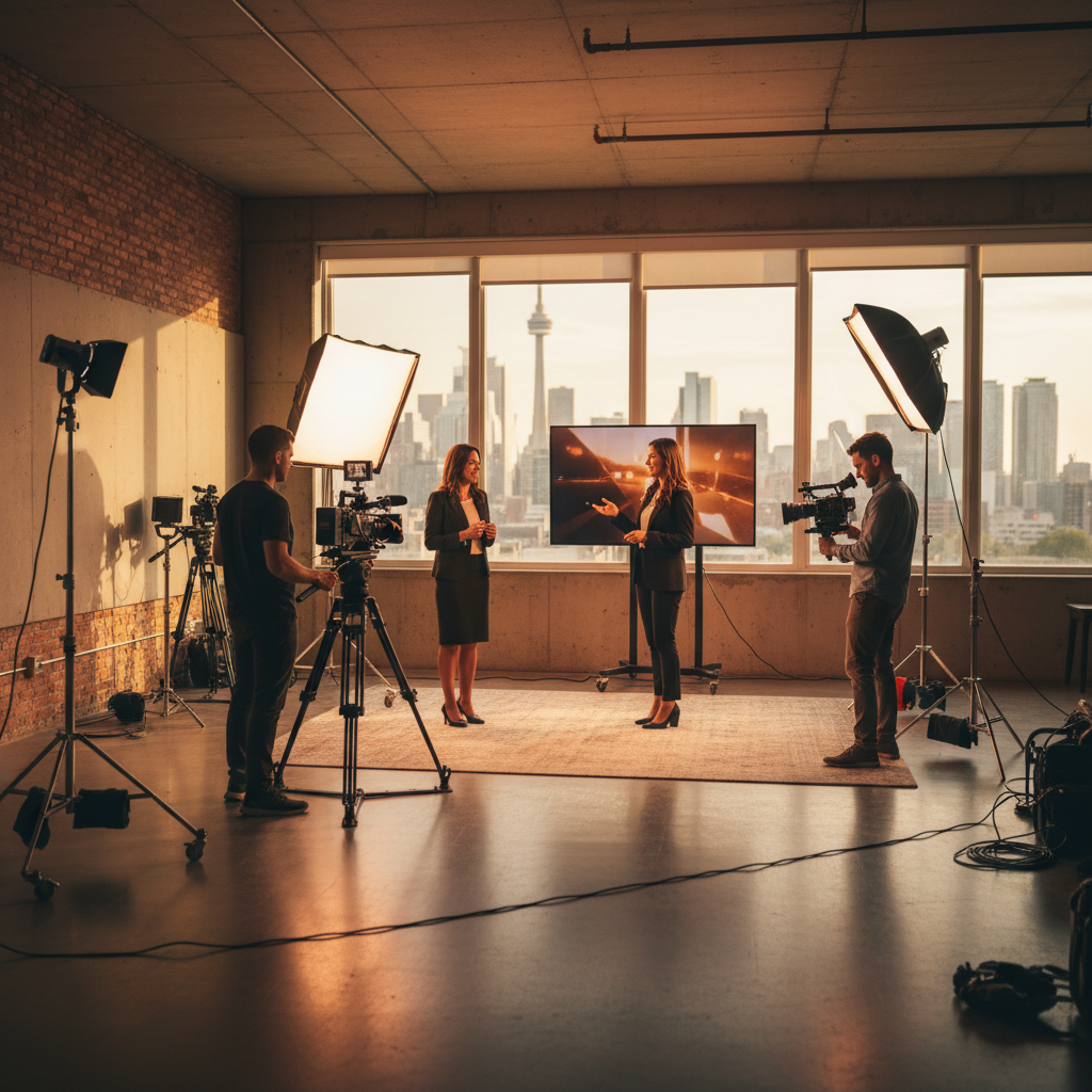 Corporate video production team filming a brand story in a Toronto studio with professional lighting and camera equipment