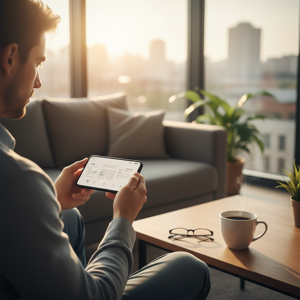 Person reading a morning news digest on a smartphone with a coffee cup nearby, representing enjoyable news consumption habits