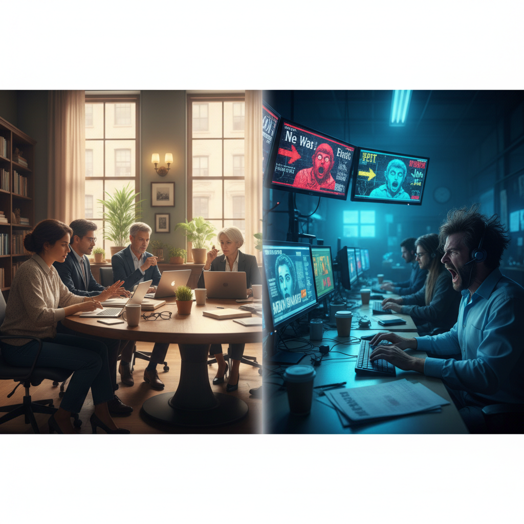 Split screen showing ethical journalism newsroom on one side and clickbait sensationalist headlines on the other