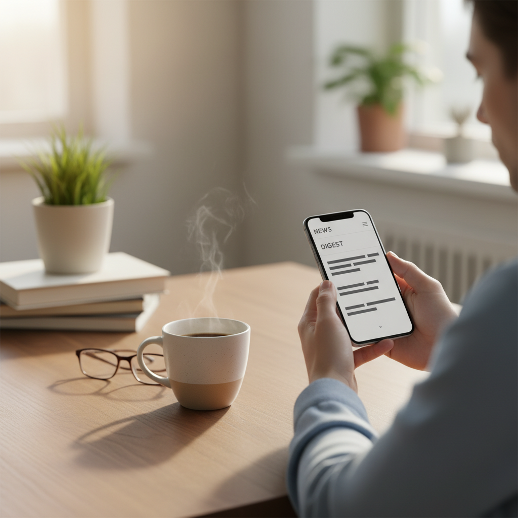 Person reading a clean, simple news digest on a mobile phone with a coffee cup nearby
