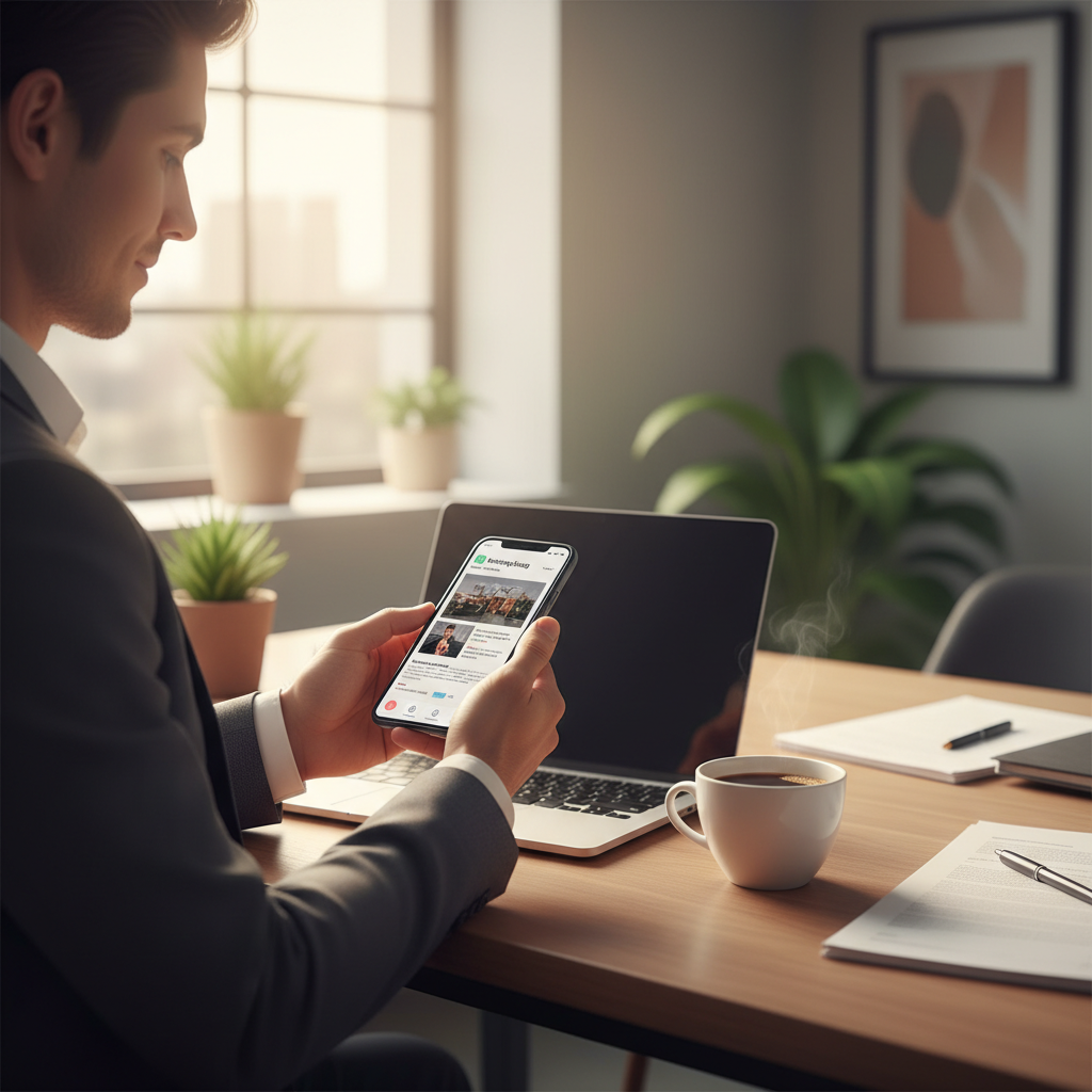 Busy professional reading a curated morning news briefing on phone with coffee