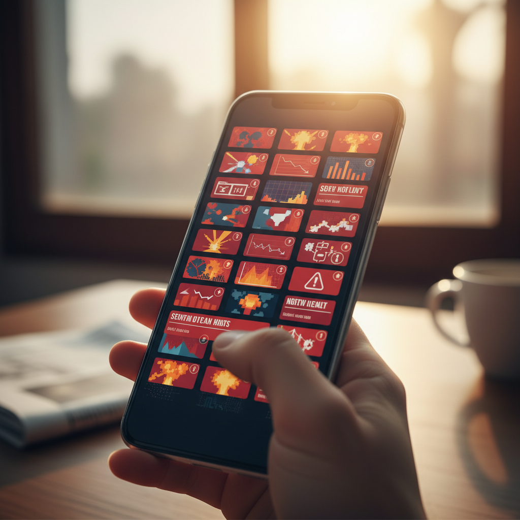 Illustration of a smartphone screen flooded with alarmist breaking news alerts and red banners