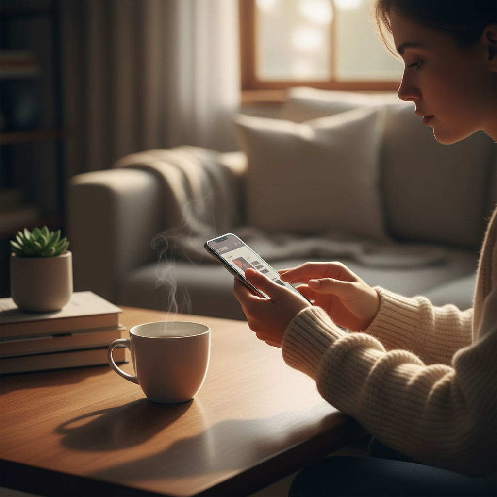 Person reading a morning news digest on their phone with a coffee, staying informed efficiently