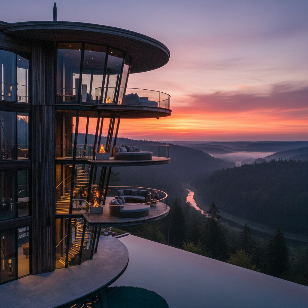 Architectural glamping luxury tower at dusk overlooking forested valley