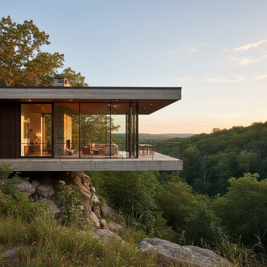 Architecturally significant modernist home with floor-to-ceiling glass overlooking forested valley