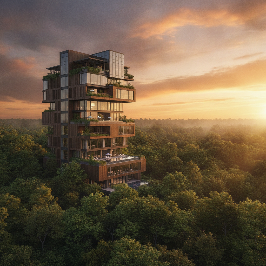 Architectural rendering of a luxury boutique tower hotel rising above a forest canopy at sunset