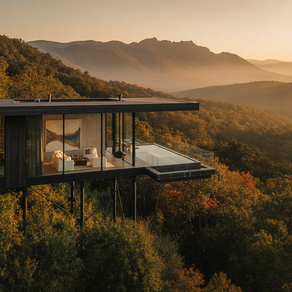 Modern elevated luxury vacation home with panoramic forest and mountain views representing global luxury vacation home ownership