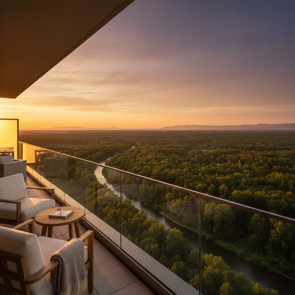 Elevated luxury tower accommodation overlooking forest landscape at golden hour