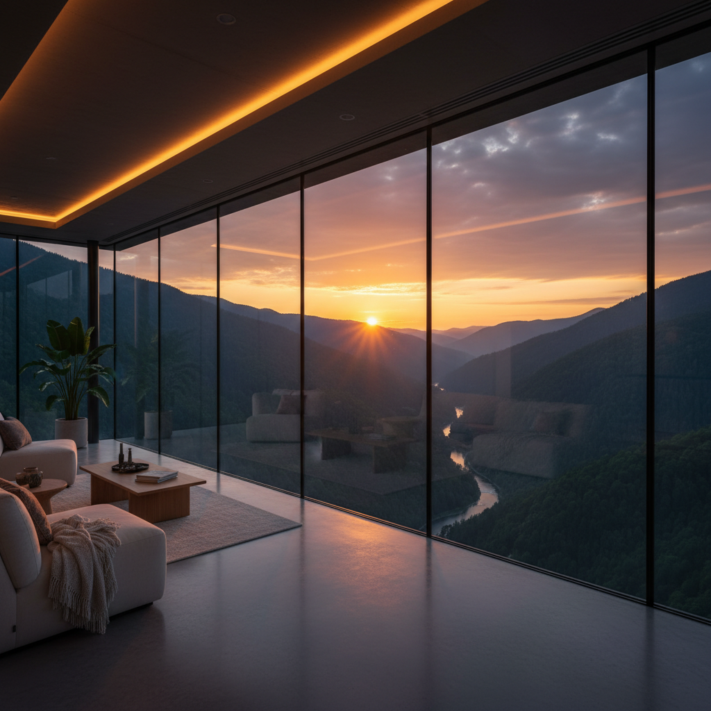 Elevated luxury lookout tower with floor-to-ceiling glass overlooking a forested mountain valley at sunset