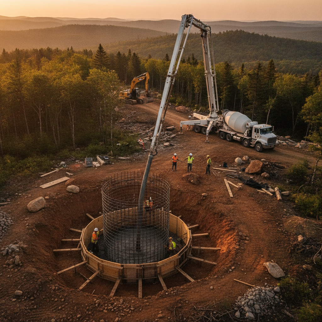 Reinforced concrete pier foundation being poured for a luxury fire tower on a forested ridge