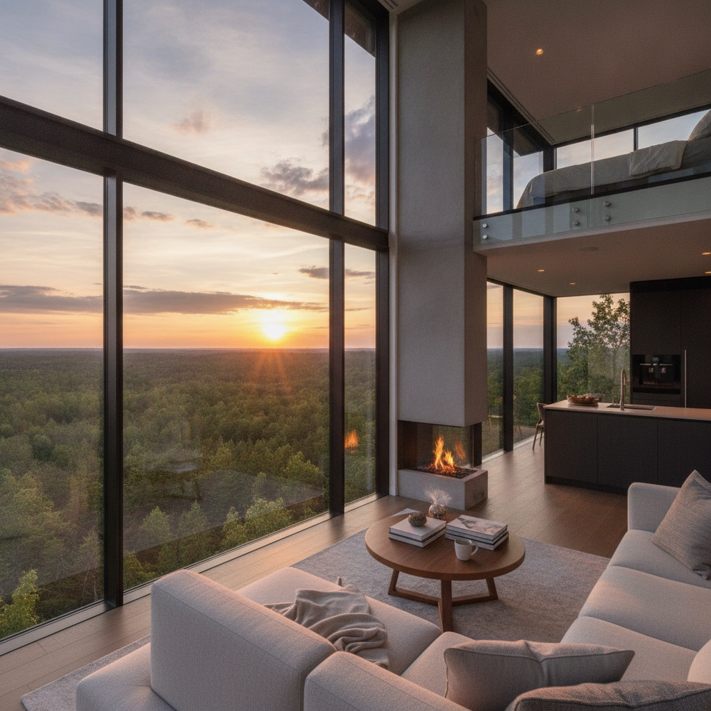 Luxury fire tower rental at sunset with panoramic forest views and floor-to-ceiling glass