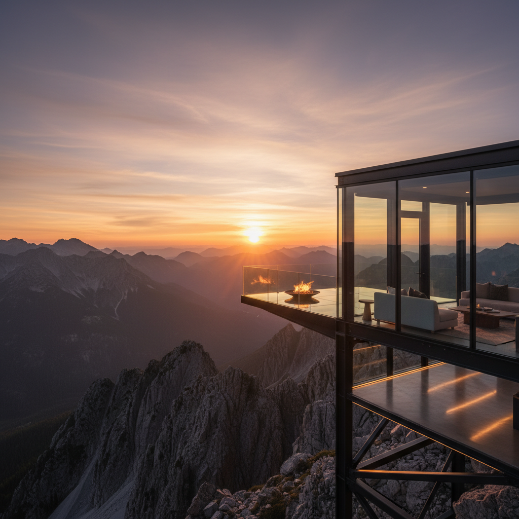 luxury fire tower rental at sunset with panoramic mountain views and glass observation deck
