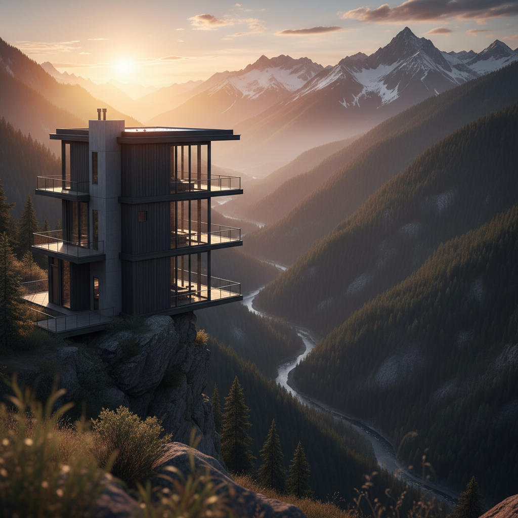 Modern luxury pre-built tower home overlooking mountain valley at sunset