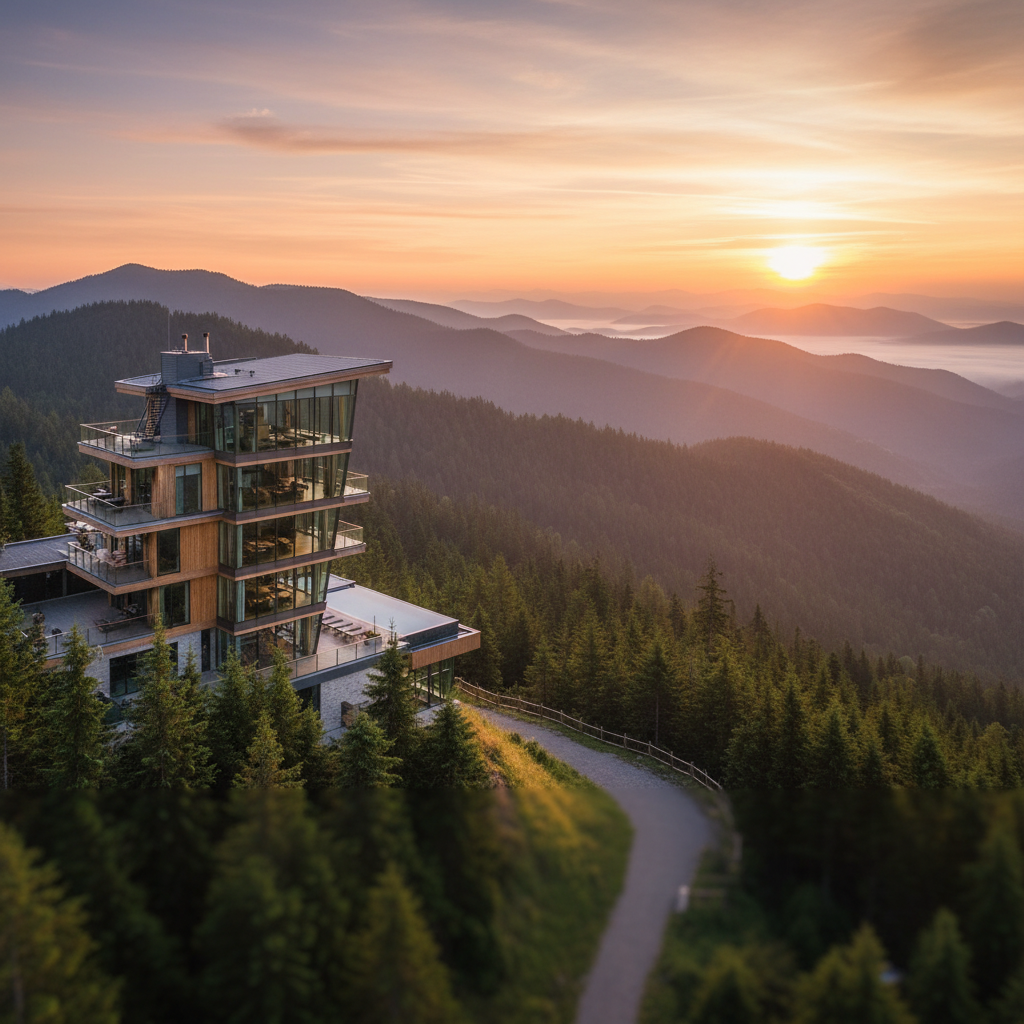 Luxury tower retreat at sunrise overlooking forested mountains representing nature-connected franchise opportunities