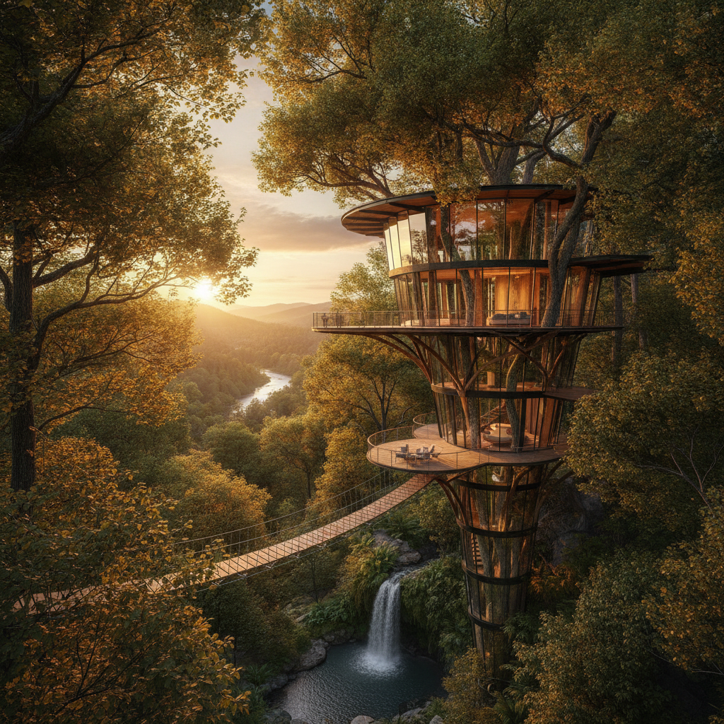 Elevated luxury lookout tower residence integrated into forest canopy at sunset