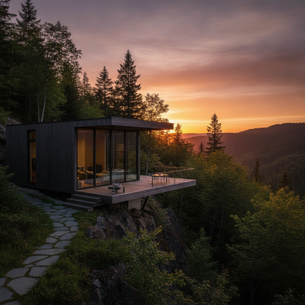 Modern modular luxury home with floor-to-ceiling glass perched on a forested ridge at sunset
