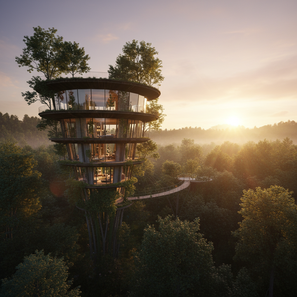 Elevated sustainable luxury retreat tower integrated into forest canopy with panoramic glazing