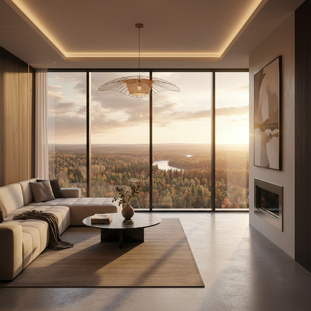 Elevated luxury tower vacation home with panoramic forest views at sunset
