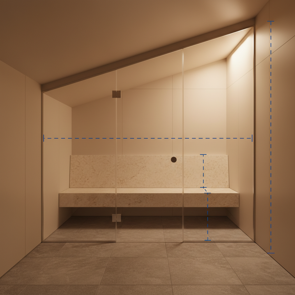 Architectural steam room specifications diagram showing ceiling slope, bench depth, and room dimensions