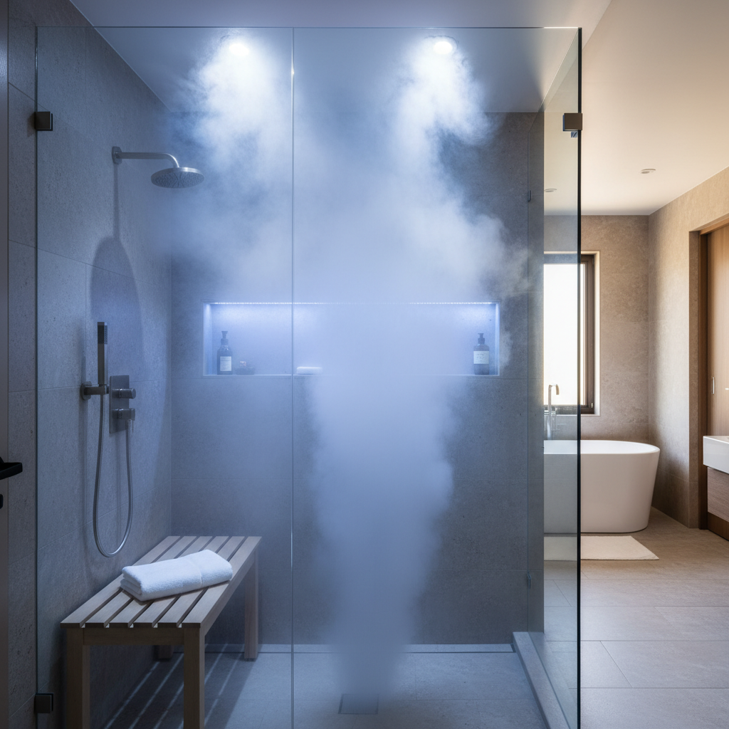 Modern steam shower with blue chromatherapy LED lighting illuminating vapour cloud