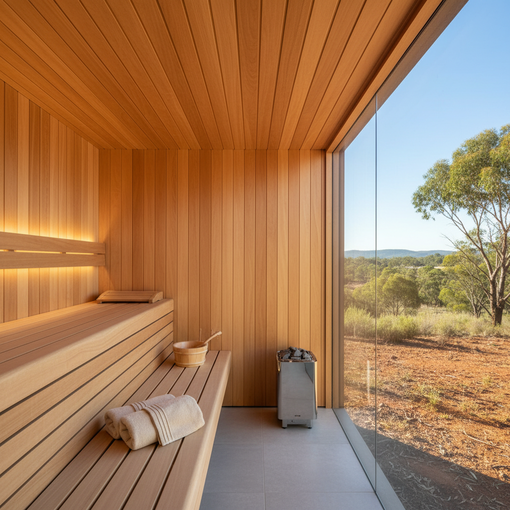 Custom timber-clad sauna interior with two-tier benches and panoramic glazing in an Australian home