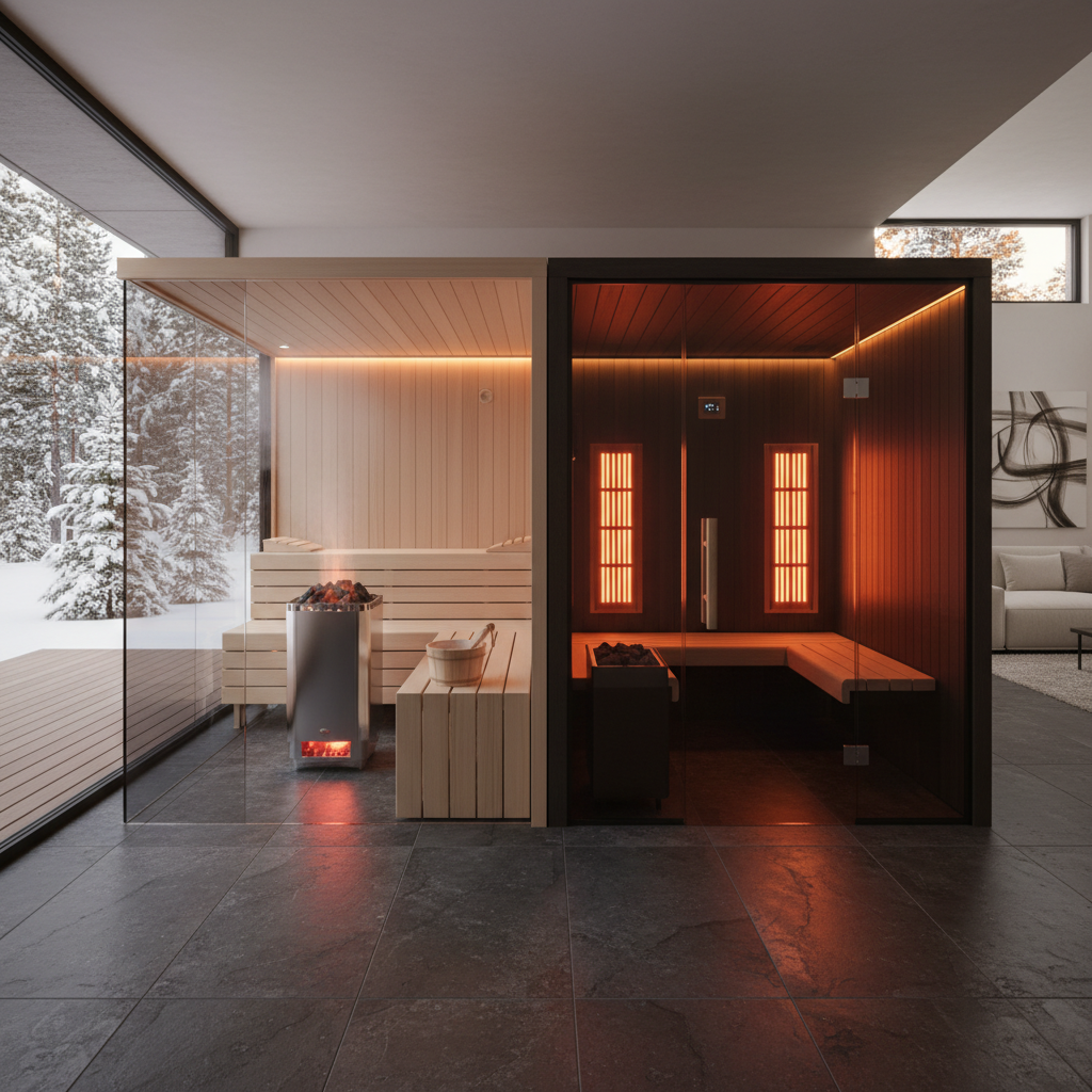 Side-by-side comparison of a traditional Finnish sauna with rock heater and a modern infrared sauna cabin in a luxury home setting