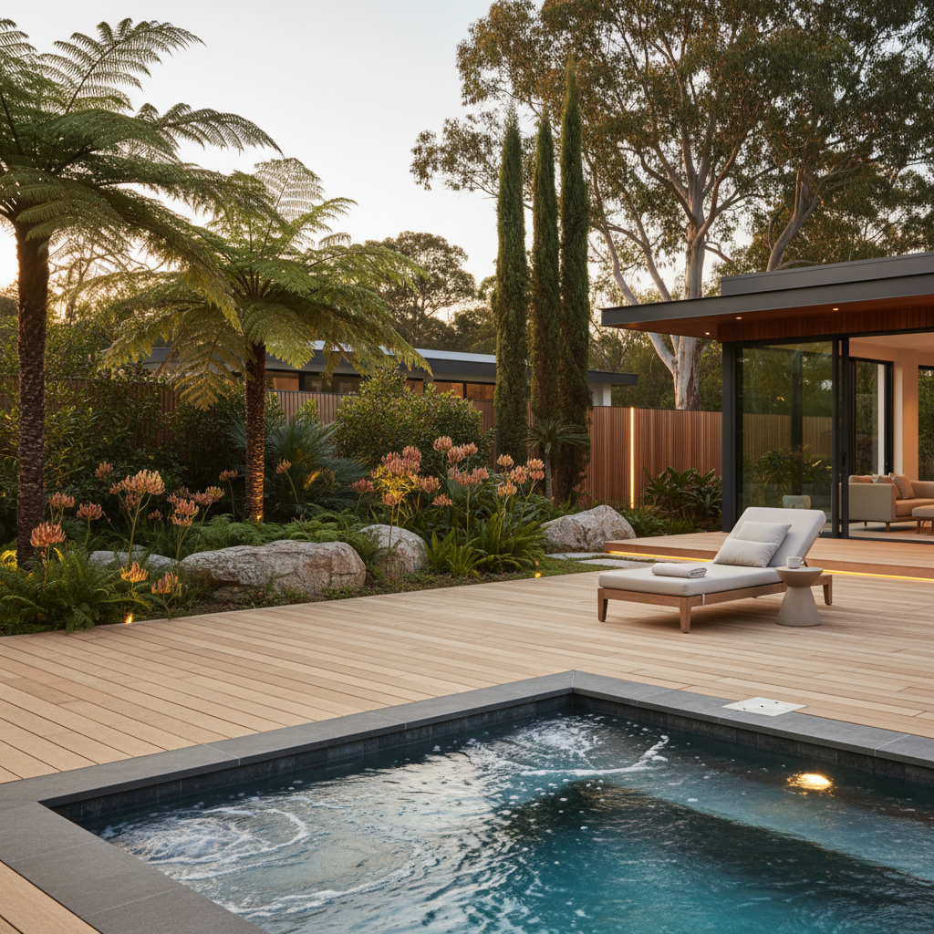 Luxury spa at home Australia featuring spa pool, timber decking and lush landscaping in an outdoor resort-style setting