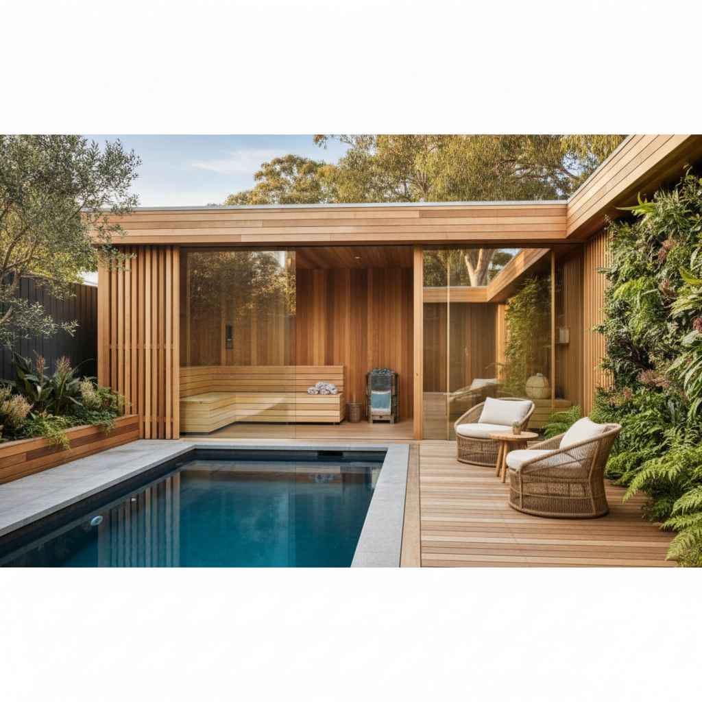 Luxury indoor-outdoor home spa with plunge pool, sauna and biophilic timber detailing in an Australian backyard