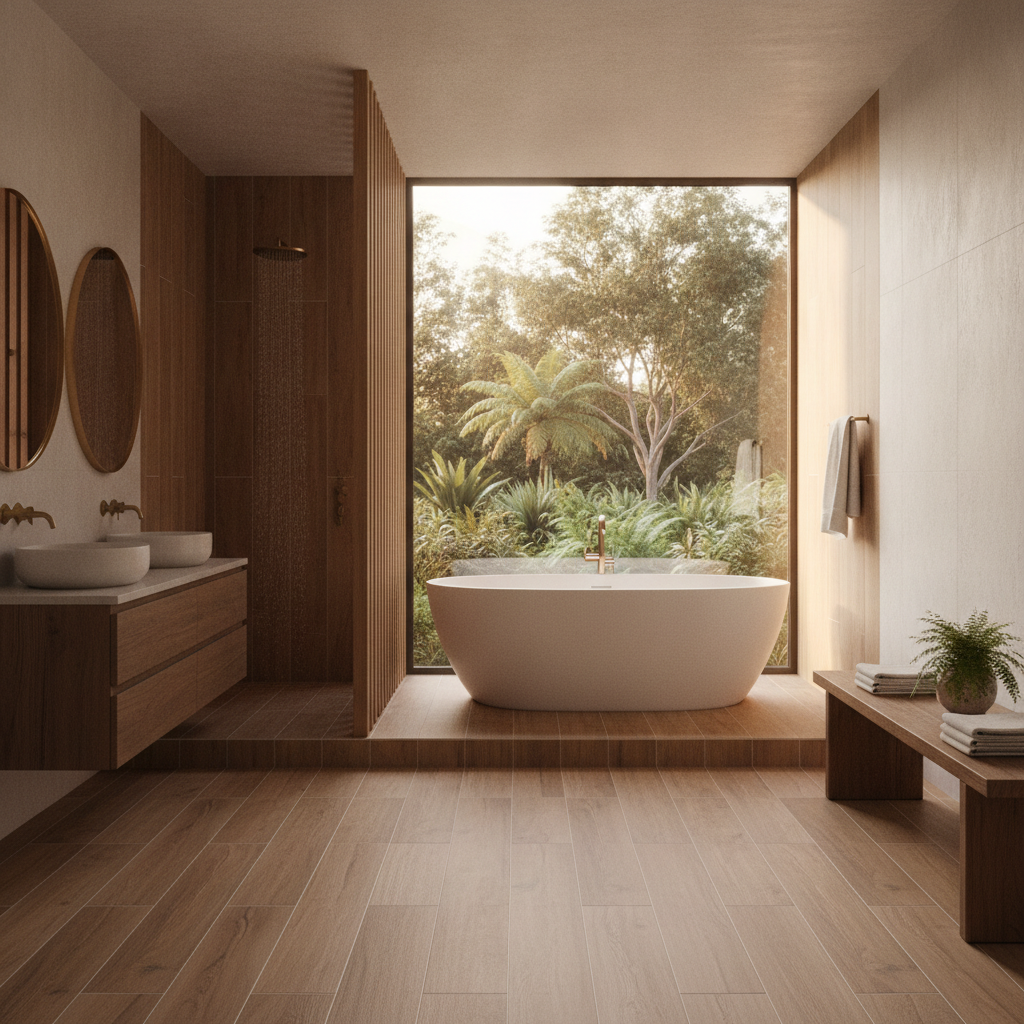 Modern Australian home spa zone with timber-look tiles, freestanding bath, and garden view
