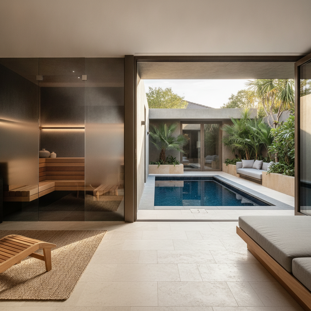Luxury Australian home spa with indoor-outdoor flow, steam room and courtyard plunge pool
