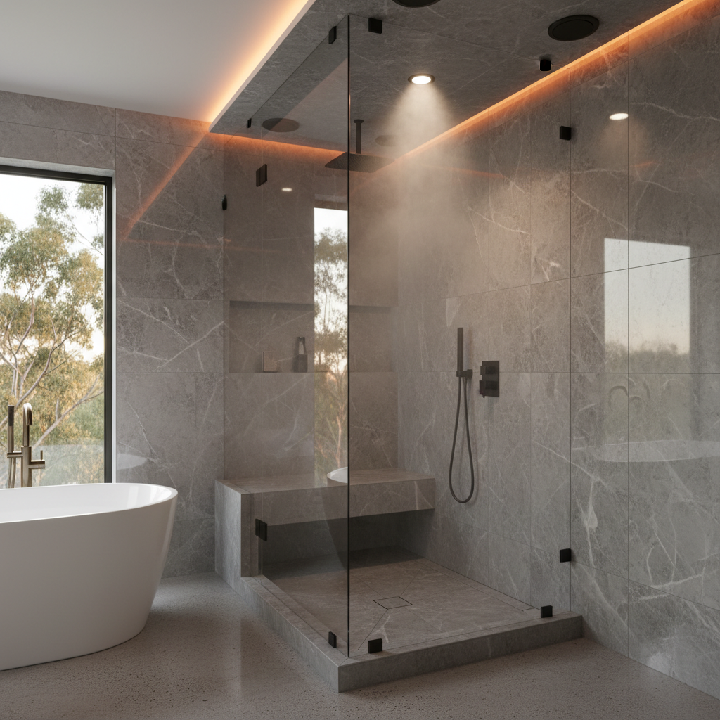 Luxury steam shower interior with integrated audio speakers, chromotherapy lighting, and steam rising in a modern Australian home bathroom