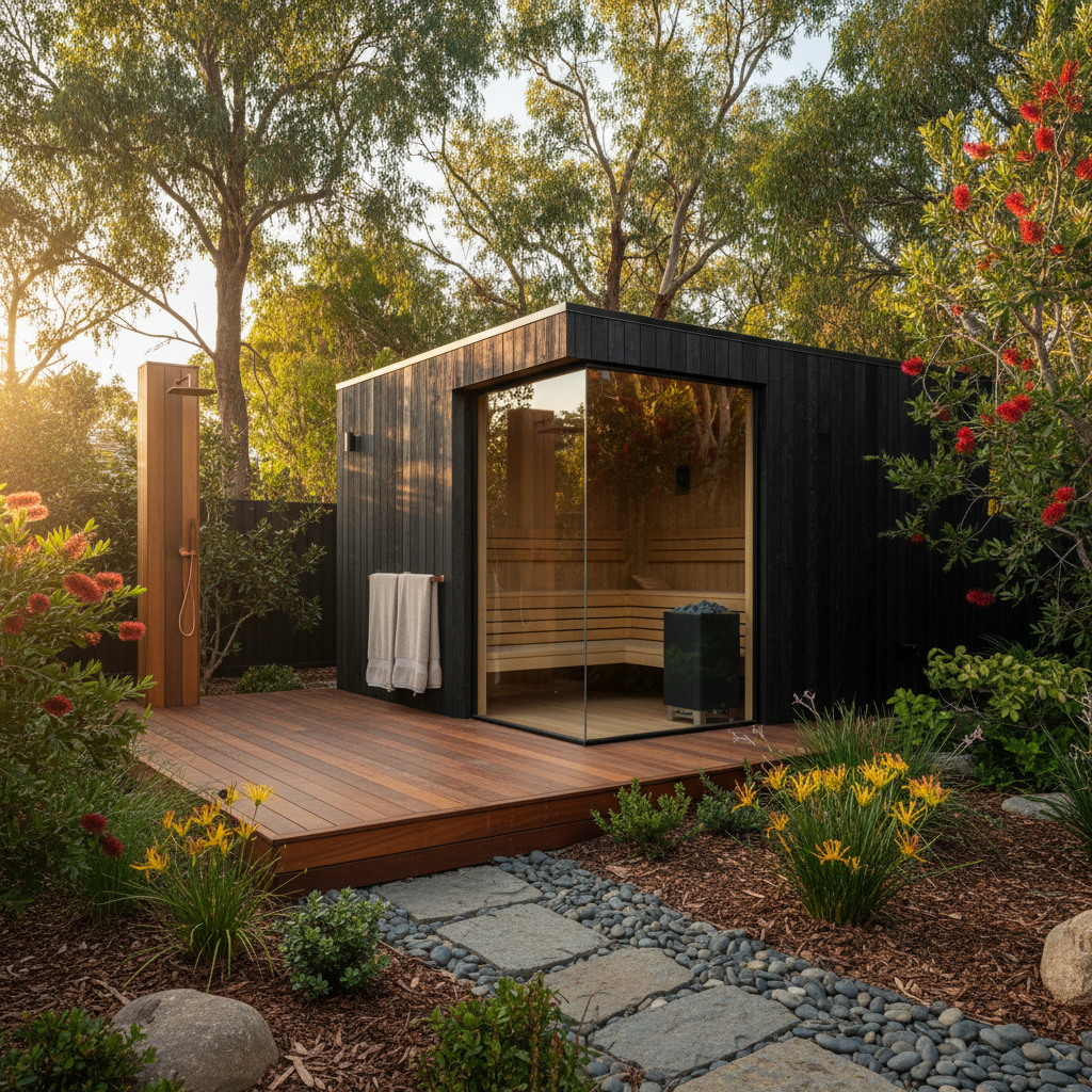Outdoor sauna cabin installed in Australian backyard surrounded by native landscaping and timber decking