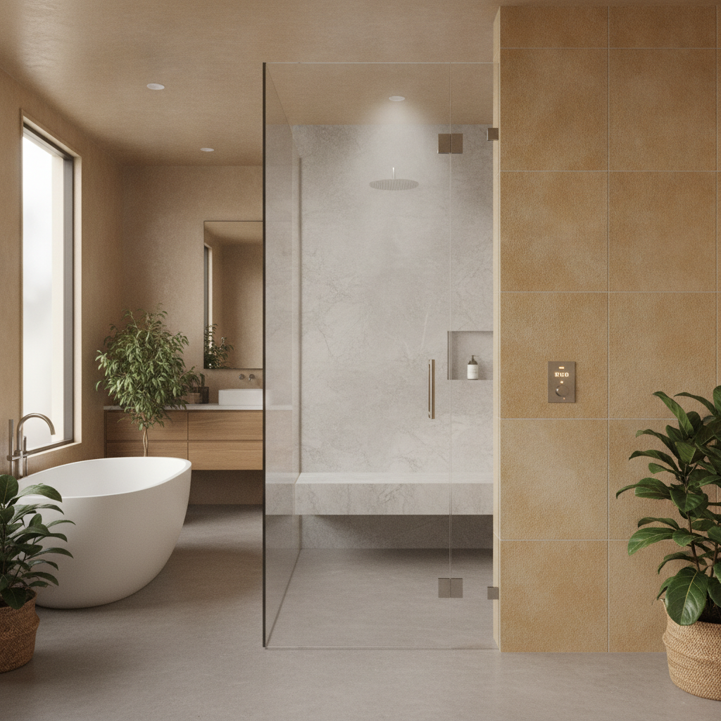 Modern residential steam shower enclosure with frameless glass and integrated controls in an Australian bathroom